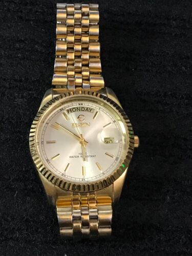Elgin Presidential 37mm Large Day/Date Golden Quartz Men's Watch, RUN (Lot2414) - Picture 9 of 12