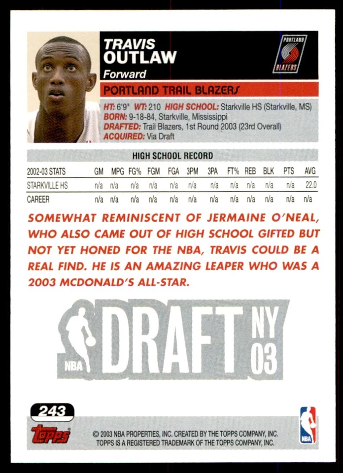 2003-04 Topps Travis Outlaw Portland Trail Blazers #243 - Image 2 of 2