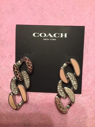 COACH Signature Curb Chain Links C Silver +Pink Linear Earrings NWT $125 - Picture 2 of 3
