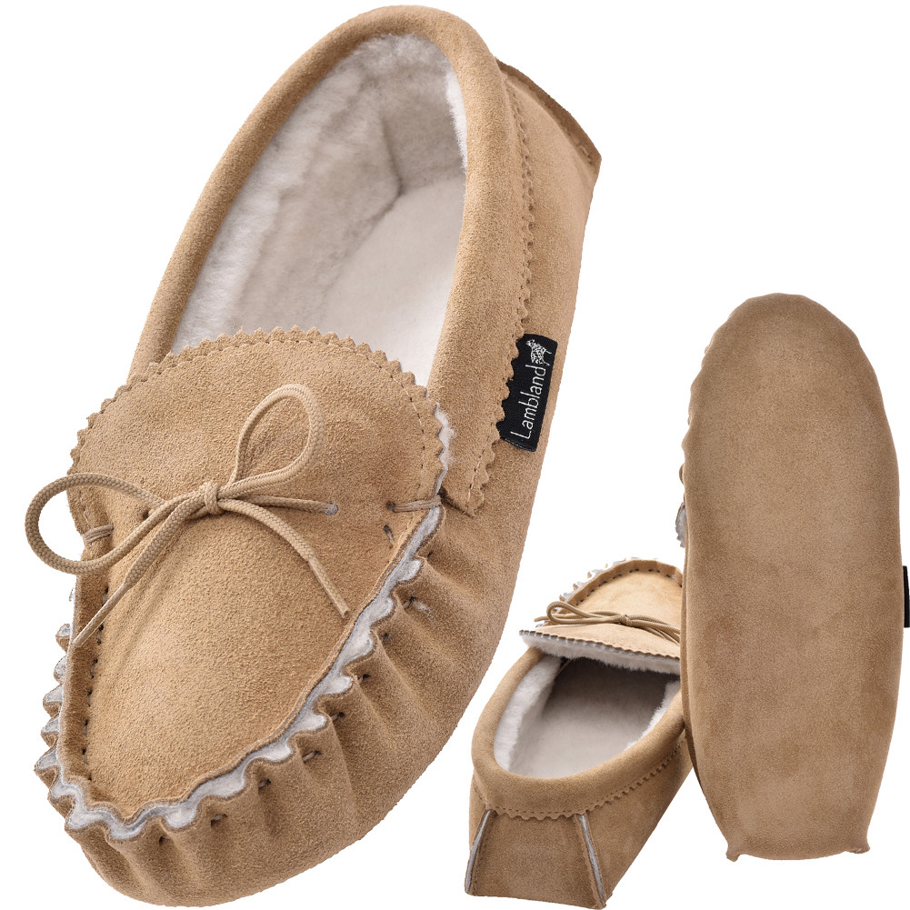 Mens Real Sheepskin Lined Moccasin Slipper Soft Suede Sole Beige UK8 UK9 UK10 Mens Real Sheepskin Lined Moccasin Slipper Soft Suede Sole Beige UK8 UK9 UK10