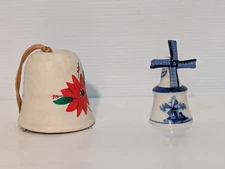 Lot of 2 Ceramic Hand Painted Bells, 1 Windchime Bell, 1 Dinner Bell