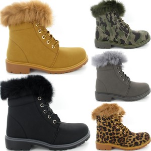 Womens Winter Ankle Boots Ladies Army Combat Flat Grip Sole Fur