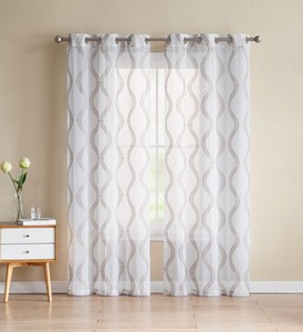 Two 2 White Sheer Curtains Gold Taupe Embroidered Geometric
