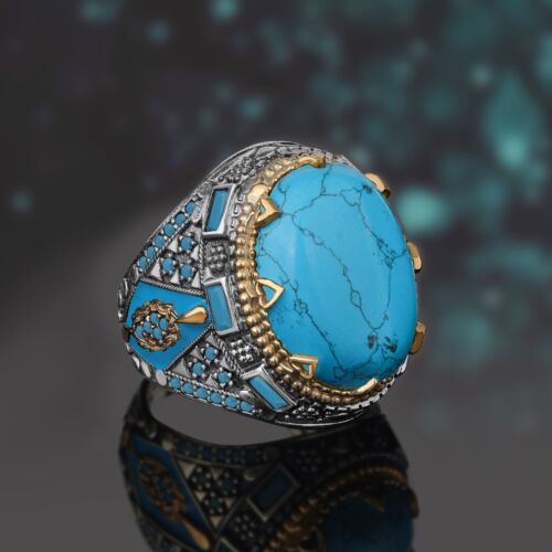 Men's Ring 925 Sterling Silver Handmade Jewelry Turquoise Stone All Size #124 - 第 1/6 張圖片