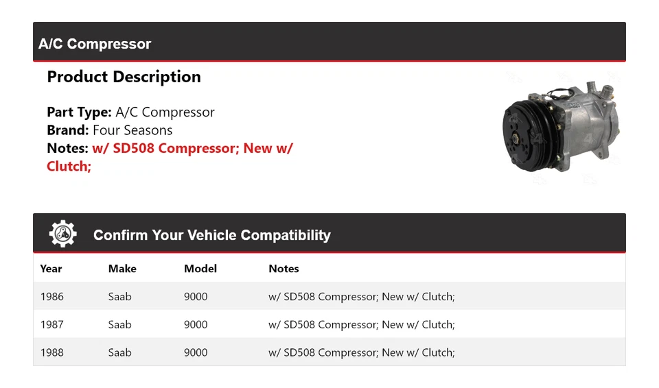 Compresor de aire acondicionado Saab 9000 1986-1988 4 estaciones 1987 Foto 2 de 4