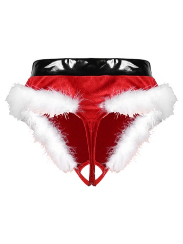 Women's Velvet Christmas Santa Briefs Underwear Mrs Claus High Cut Crotchless - Picture 9 of 26