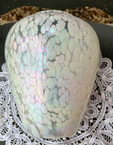 VASO VETRO SOFFIATO CONFETTI BIANCO OPALESCENTE IRIDESCENTE VETRO LATTE ~ ALTEZZA 9" - Foto 7 di 8