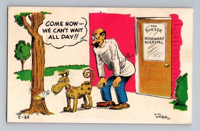 Come Now.. We Can t Wait All Day!! Postcard Bob Petey Comic C-89 Dog & Vet
