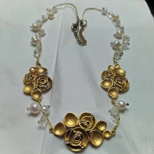 Artisan Made Gold Tone  Statement Necklace With Floral Motifs, Pearls & Crystals