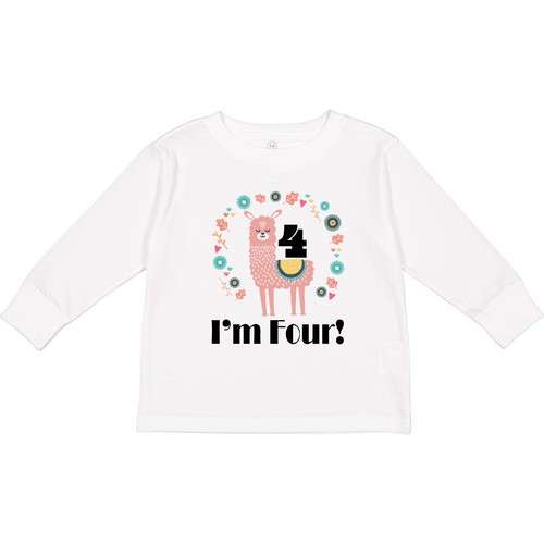 Inktastic 4th Birthday Llama For Girl Toddler Long Sleeve T-Shirt Childs Flowers
