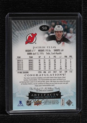2015-16 Upper Deck Artifacts Emerald Jersey/Patch /75 Patrik Elias #58 Patch - Picture 2 of 3