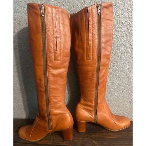 Vintage 70's Golo Leather Knee High Boots Women's 6 N Brown Chunky Heel Side Zip - Picture 3 of 15