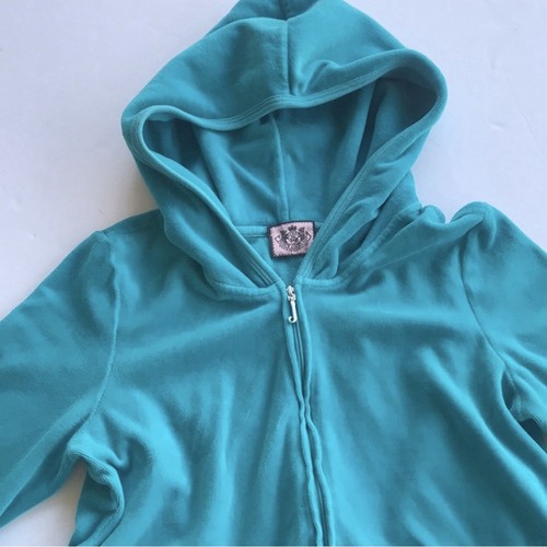 Vintage Y2k Juicy Couture Velour Hoodie Tracksuit OG Rare Jacket Teal Medium Hot - Picture 3 of 14