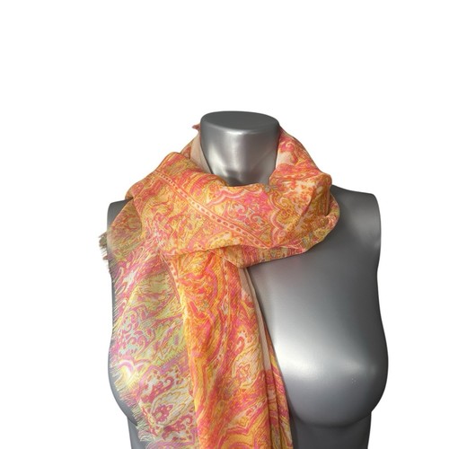 Lauren Ralph Lauren Scarf Silk Paisley Yellow Pink NWT Boho Frayed Edge Wrap - Picture 4 of 8