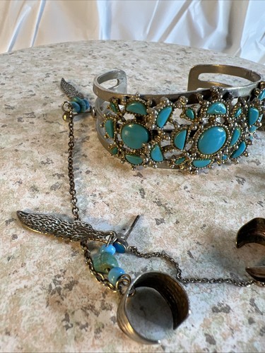Navajo Boho Silver Tone Faux Turquoise Cuff Bracelet 2 Sets Ear Cuffs & Ear Ring - Picture 2 of 12