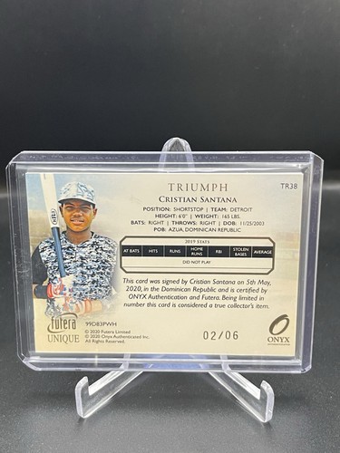 2020 Futera Unique Onyx Prospects Cristian Santana Triumph Auto /6 RC Rookie - Picture 2 of 2