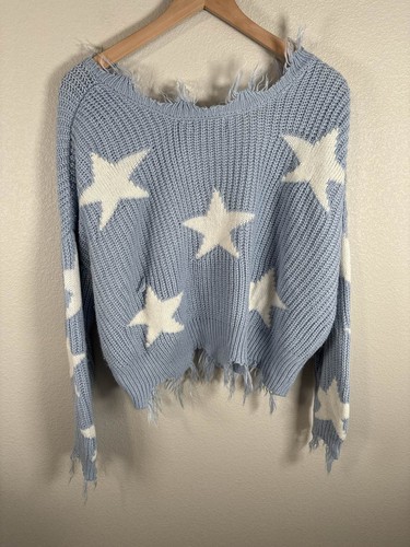 Polly NY Blue White Star Distressed Cropped V-Neck Sweater M Frayed - Bild 4 von 4