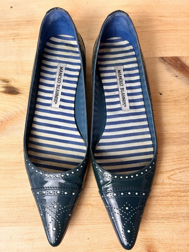 Manolo Blahnik PETUNIA Brogue Charol Azul Esmoquin Ballet Pisos Talla 37.5 Foto 2 de 4