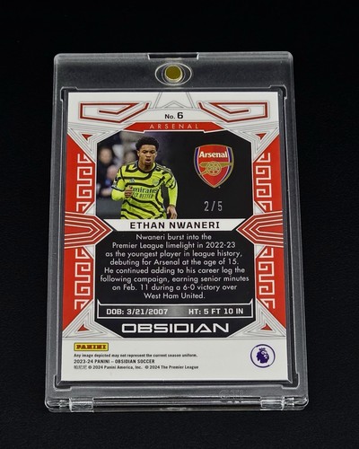 2023-24 Obsidian Soccer Ethan Nwaneri RC - Electric Etch Green /5 Arsenal - Picture 4 of 5