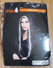 Halloween Adult Long Witch Wig Black Hair With White Streaks Costume Wig NIP