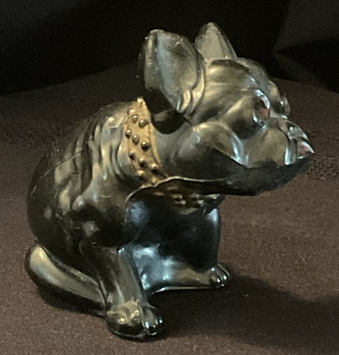 Vintage Tiffin Satin Schwarz Glas Art Deco Französische Bulldogge mit Gold Nieten Halsband - Bild 1 von 9