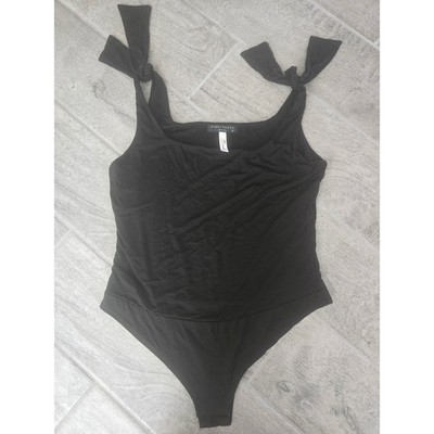 FINAL TOUCH Black Sleeveless Tie Shoulder Bodysuit Made in USA Med/Large Modal