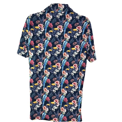 1764 Signature Medium Men's Golf Polo Shirt Navy Floral Tropical Birds - Picture 2 of 10