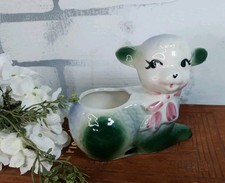 Vintage Lamb Planter Green & Blue Big Eyes Sweet Nursery Cottage Core Granny