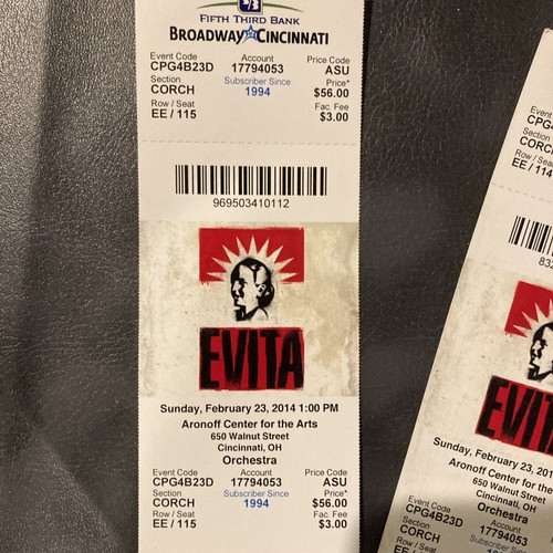 Evita Play Show 2 esbozos de boletos lo mejor de Broadway Cincinnati 23 de febrero de 2014 - Imagen 2 de 4