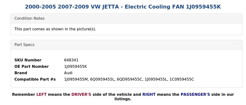 VW JETTA 2000-2005 2007-2009 - Ventilador de refrigeración eléctrico 1J0959455 k Foto 3 de 4