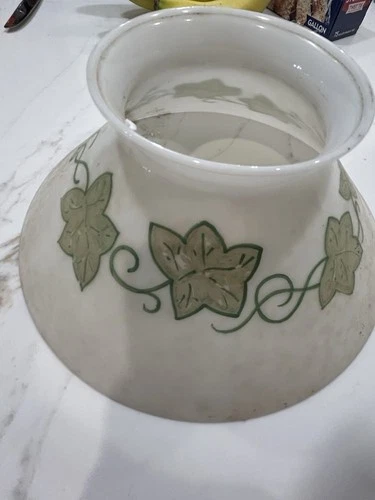 Milk Glass Bar Lamp Globe Shade, Vintage Mid-Century, 10”Round -Hand Painted Ivy