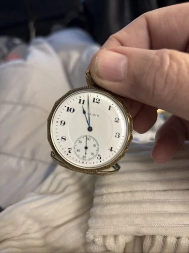 ANTIQUE ELGIN DECAGONAL 17 JEWEL 14K GOLD FILL POCKET WATCH - RUNNING! 43mm F3