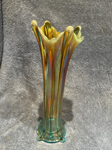 RARE AMBER OPALESCENT AQUA BLUE NORTHWOOD CARNIVAL GLASS FOUR PILLAR VASE CHIPED