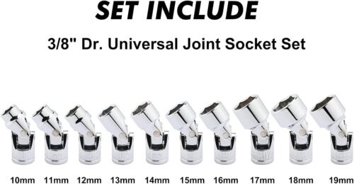3/8" Drive Universal Joint Socket Set 10 Piece Flex Socket Set 6-Point - Picture 2 of 7