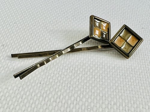 Bundle 3 Pairs Vintage 1990s Enamelled Hair Pins Grips Slides Bronze Geometric - Picture 16 of 24