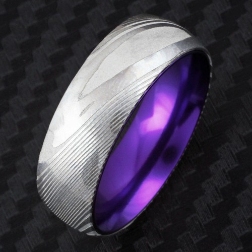 8mm Men's Silver Damascus Steel w/ Purple Domed Wedding Band Ring 9-13 - Picture 3 of 7