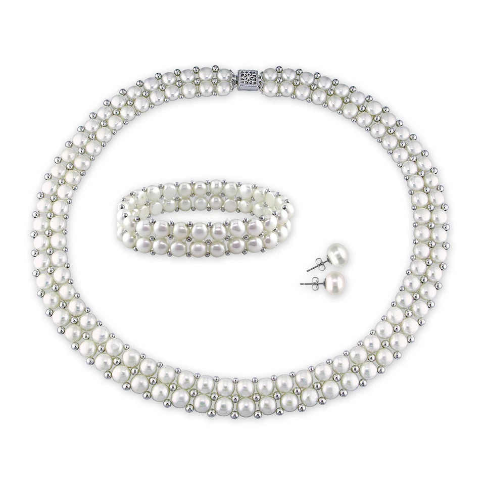 Amour Cultured Freshwater Pearl and Silver Bead Jewelry Set