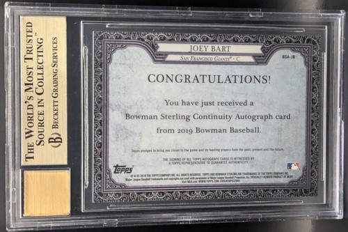 Pirates Starting C Joey Bart /99 Auto 10 - 2019 Bowman Prospect - Graded BGS 9.5 - Picture 2 of 2
