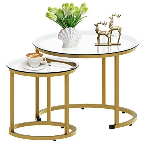 Gold Nesting Coffee Table Set of 2, Small Round Nesting Glass Gold Glass - Picture 2 of 8