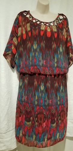 Versona transparentes mehrfarbiges Kleid geometrisch kurze Ärmel gefüttert Größe 14 - Bild 4 von 8