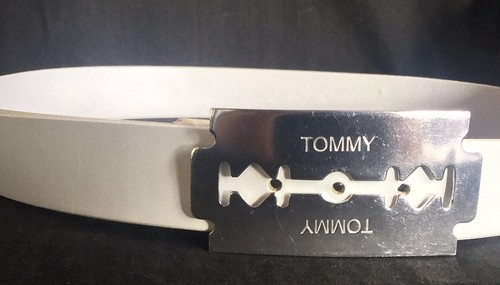 Vintage Leather BELT Buckle TOMMY Hilfiger Designer White Belt RAZOR Buckle RARE - Picture 4 of 12