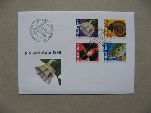 SWITZERLAND, cover FDC 1998, Pro Juventute, bell snail fish pike bird grebe