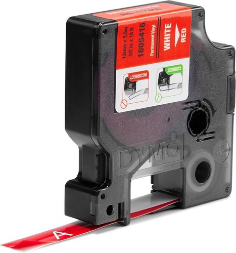 (2) NUEVO VINILO ETIQUETAS DYMO 1805416 RHINO 1/2"X 18FT BLANCO SOBRE ROJO 12MMX5.5M - Imagen 2 de 3