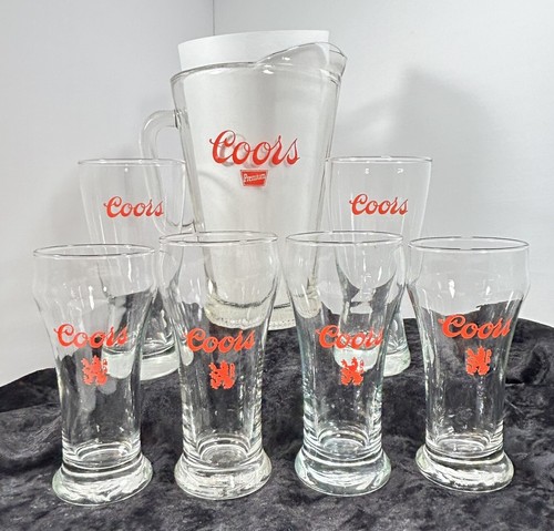 Pichet et lunettes Pilsner vintage Coors Premium bière clair et en verre lourd 7 pièces