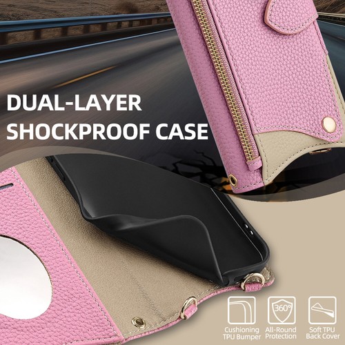 For iPhone 17 16 15 14 13 12 11 Zipper Wallet Card Magnetic Case+Crossbody Chain - Picture 7 of 57