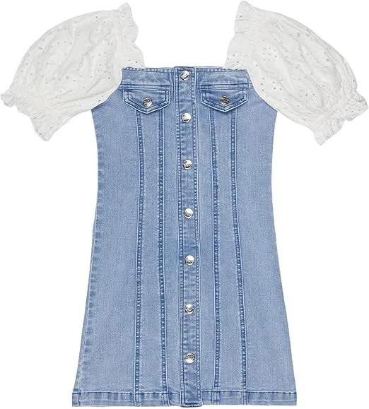 Truce Dress Girl XL 16 Blue Denim Cotton Blend Button Front Puff Sleeve JDM1722