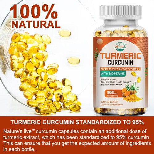 Curcumina de cúrcuma 1950 mg con cápsulas Bioperine de alta absorción triple fuerza - Imagen 2 de 14