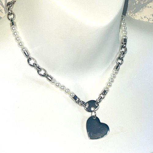Choker Pendant Necklace Heart Charm Silver Tone Faux Pearl 15" Plus 3" Extension - Picture 11 of 15
