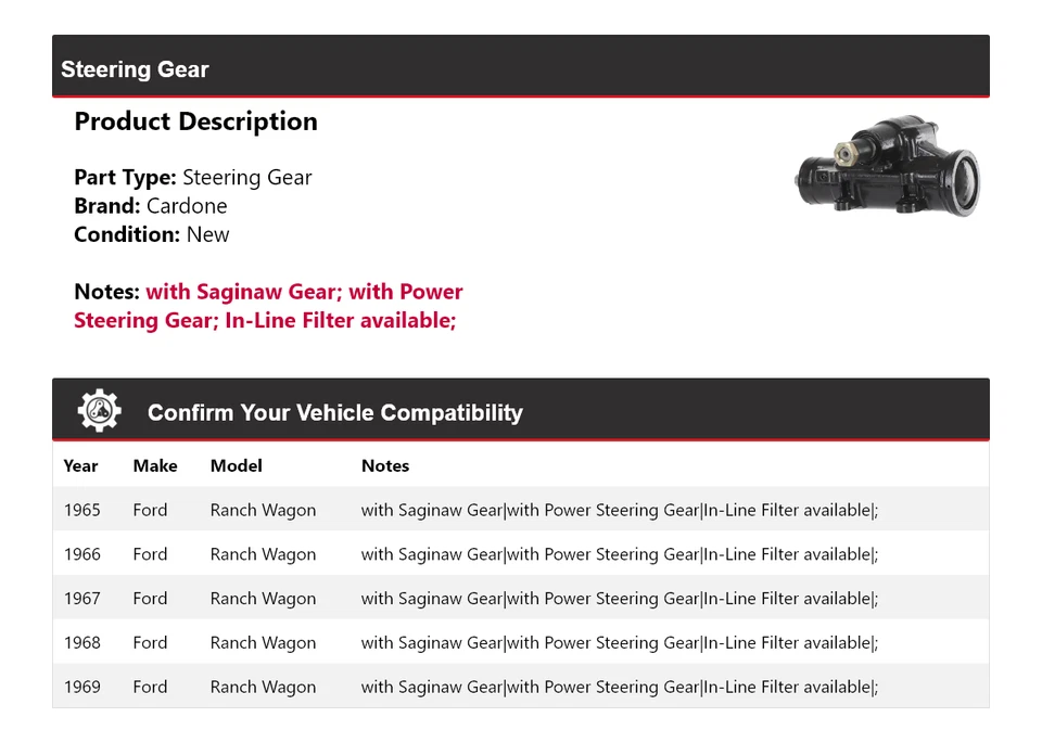 Para Ford Ranch Wagon 1965-1969 engranaje de dirección Cardone 1966 1967 1968 Foto 2 de 4