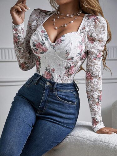 Women's Long Sleeve Lace Floral Bodysuit – Corset Style Sheer Mesh Top - Picture 6 of 8